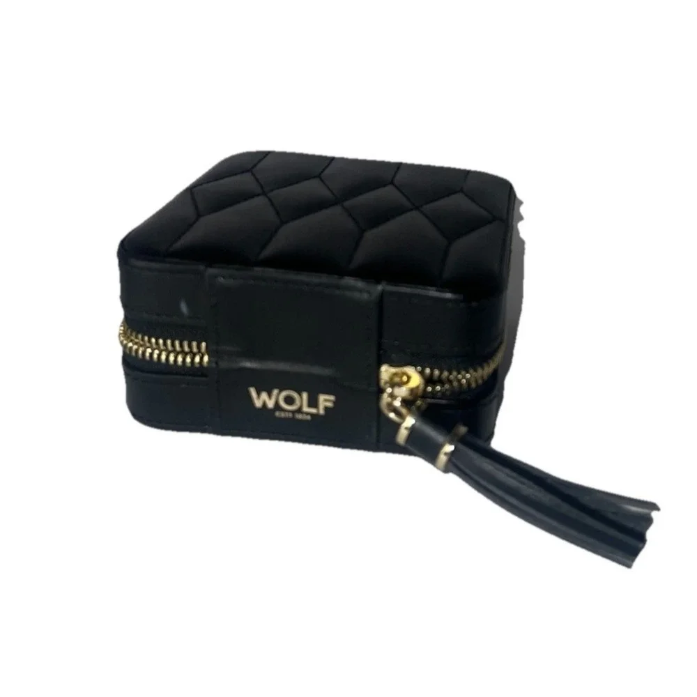 Wolf Caroline 329971 Black Leather Travel Jewelry Case Mirror Compact Zip-Around